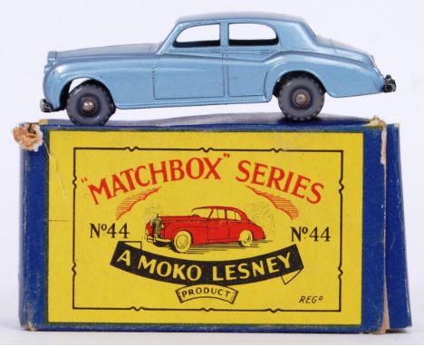 An original vintage Matchbox Moko Lesney diecast model No. 44 Rolls Royce Silver Cloud. Blue, with grey plastic wheels. Near 