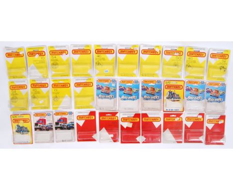 A collection of 30x original vintage Matchbox Rolamatics (and other series) EMPTY card back / blister packs for diecast model