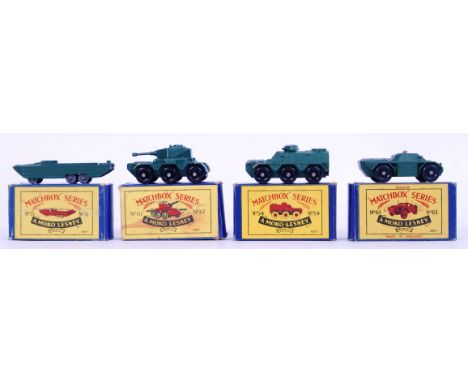 A collection of 4x original vintage Matchbox made Moko Lesney diecast military vehicles. Comprising of; No. 61 Ferret Scout C