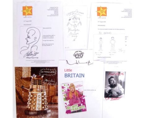 A good collection of autographs to include a collection of original celebrity sketches - Joan Collins self portrait, Jo Brand