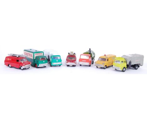 A good collection of 7x loose vintage Dinky diecast model trucks / lorries. To include 3x Ford Transit (Fire Engines and Moto
