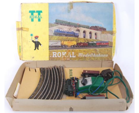 An original vintage rare Rokal TT ' Modellbahnen ' TT scale railway trainset set. Featuring the locomotive, 2x wagons, track 