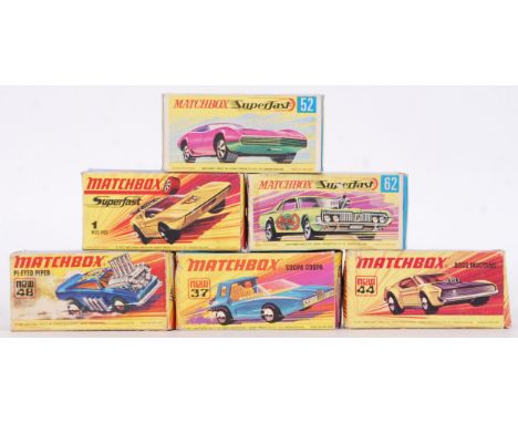 A collection of 6x vintage Matchbox Superfast (and other) boxed diecast model cars, each within the original boxes to include