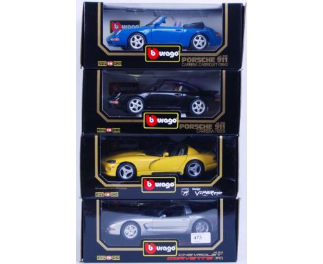 A collection of 4x Burago 1:18 scale diecast model cars; Porsche 911 Carrera Cabriolet, Porsche 911 Carrera, Dodge Viper and 