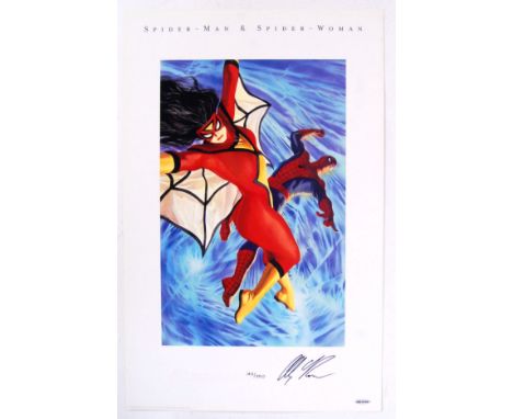 A good 'fine art reproduction' lithograph print of Spider Man &amp; Spider Woman, signed by artist Alex Ross and limited edit
