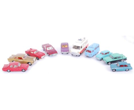A collection of 10x loose vintage Dinky diecast model cars - some near mint - to include; Ford Corsair, Volvo 1800S 116, Roll