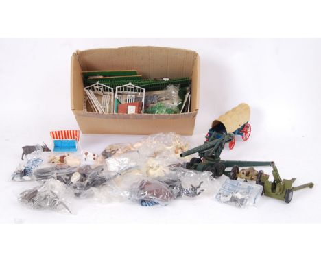 A box of assorted vintage Britains plastic animals - Farm &amp; Zoo related, along with some Britains diecast guns etc.
