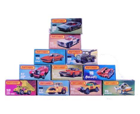 A collection of 11x vintage 1970's Matchbox '75' and 'Rolamatics' series diecast model cars. All with original boxes. Box num