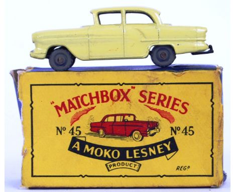 An original vintage Matchbox Moko Lesney diecast model No. 45 Vauxhall Victor. Grey plastic wheels, with yellow body, no wind