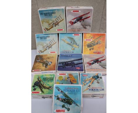 Nine unbuilt boxed Aurora 1:48 plastic model kits to include Breguet 14, De Havilland DH-10A, Halberstadt CL.II, Boeing P-26A