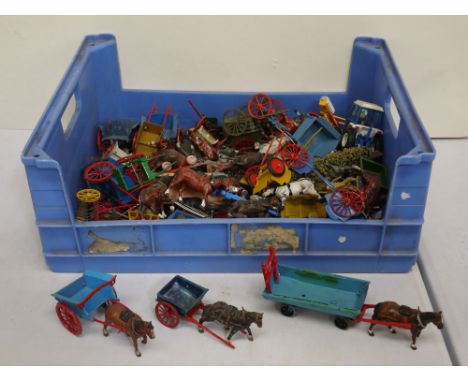 Quantity of loose playworn farming/agriculture figures, animals, accessories, carts etc, mostly diecast, to include Britains,