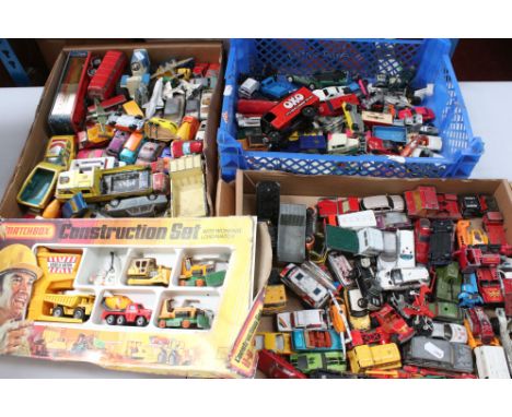 A collection of vintage playworn diecast vehicles to include Corgi and Matchbox contained within three trays. 