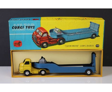 Boxed Corgi Major 1100 Carrimore Low Loader diecast model with yellow cab and metallic blue trailer, working wrench, diecast 