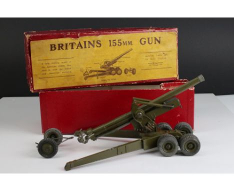Boxed Britains 2064 155mm Gun diecast model, showing paint loss and play wear, include 4 x shells, box gd overall with some l