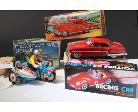 Three boxed tin plate model vehicles to include Minister Delux in red (excellent with gd box), Friction Racing Car MF763 in a