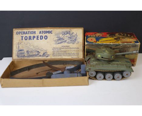 Boxed Western Germany Gama 98 tin plate tank, rusting, and a boxed Operation Atomic Torpedo, both showing play wear 