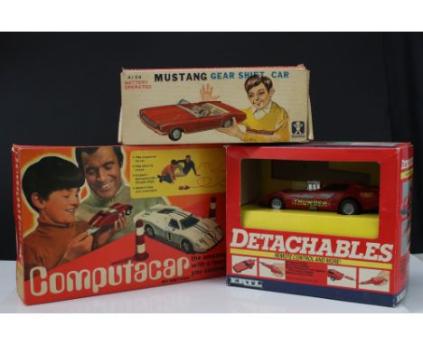 Three boxed car related toys to include Mettoy Computacar, ERTL Detachables r/c Thunder and Bandai 4104 Battery Operated Must