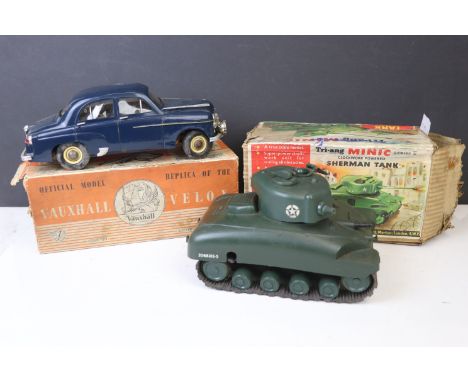 Boxed V Models Vauxhall Velox in navy blue with replacement underside, and a boxed Triang Minic clockwork powered Sherman Tan