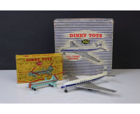 Two boxed Dinky diecast model planes to include 702 DH Comet Airliner and 715 Bristol 173 Helicopter, diecast vg, boxes poor 