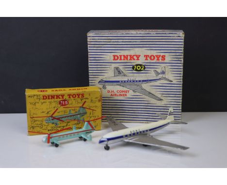 Two boxed Dinky diecast model planes to include 702 DH Comet Airliner and 715 Bristol 173 Helicopter, diecast vg, boxes poor 