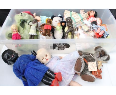Large group of various plastic / celluloid dolls and teddy bears to include Bobtail Bears, Rosebud etc 