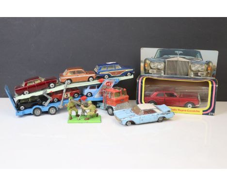 Corgi Car Transporter (play worn) with 6 x play worn Corgi diecast models, a play worn Dinky Buick Riviera plus a boxed Corgi