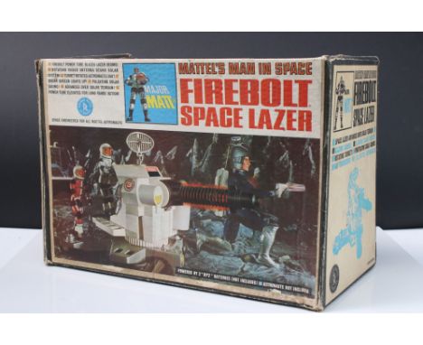 Boxed Mattel Man In Space Major Matt Firebolt Space Lazer, grubby and showing play wear, fair box with areas of damage 