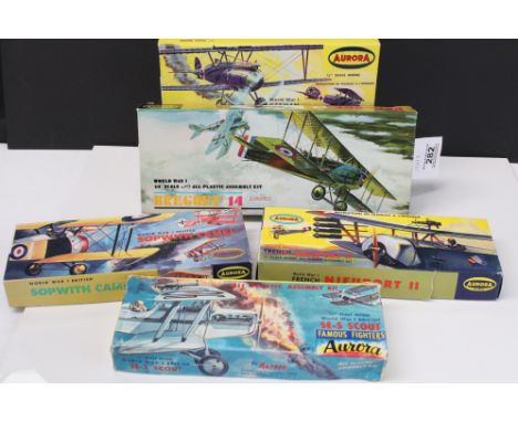 Five boxed Aurora 1:4 unbuilt plastic model kits to include SE-5 Scout, Albatross D-3, Sopwith Camel, Nieuport II and Breguet