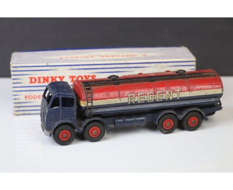 Boxed Dinky Supertoys 942 Foden 14 Ton Tanker 'Regent' diecast model, showing play wear and paint loss, fair box which is gru
