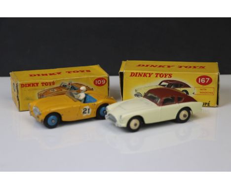 Two boxed Dinky diecast models to include 109 Austin Healey 100 Sports in yellow (showing paint loss, with driver, light blue