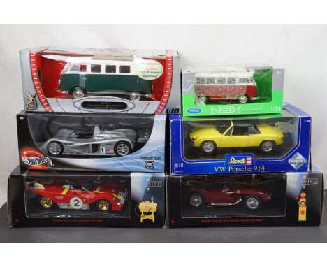 Six boxed diecast models to include Revell 08976 1:18 VW Porsche, Mattel Hot Wheels Cadillac LMP, 2 x Shell Classico featurin