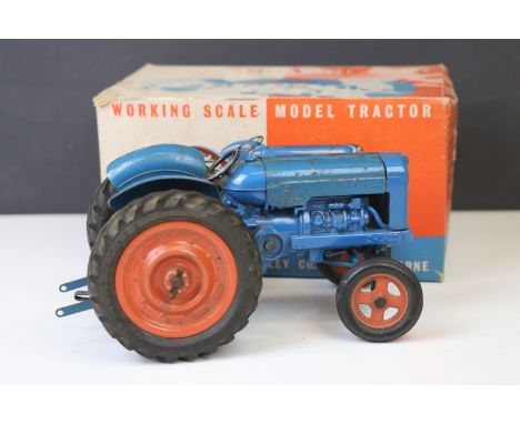 Boxed Chad Valley New Fordson Major diecast model, showing rusting and paint loss, box dusty and fraying at sides 