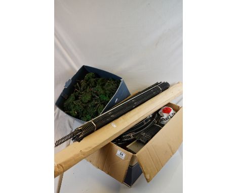 Quantity of OO gauge model railway to include various straights of track, trees, trackside accessories etc (2 boxes) 