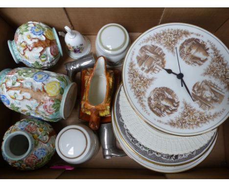 A mixed collection of ceramic items to include HJ Woods indian tree vases, decorative wall plates, etc (1 tray) 