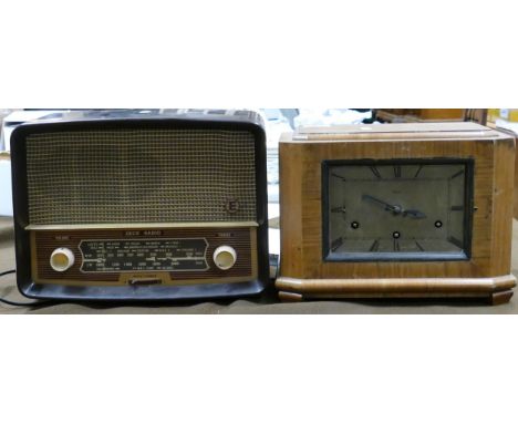 ECKO radio model U245 together with Clarion Clock Company of London art deco open faced Mantle clock 