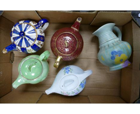 four tea pots to include examples by Radford, saddler, sudlowd, Weatherby together with art decode Beswick jug 