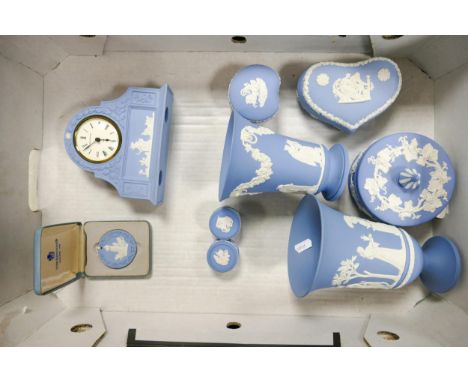 A Mixed collection of Wedgwood Blue Jasperware to include mantle clock, trinket pots, cased christmas hanging medallion, vase
