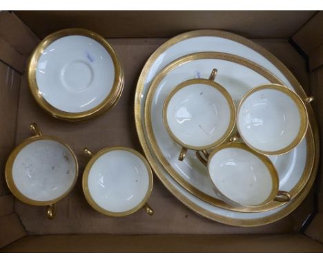 Royal Doulton Ivory and Guilt HN2908 patterned Dinner ware items to include Two oval platters, 5 soup coups &amp; 7 saucers (