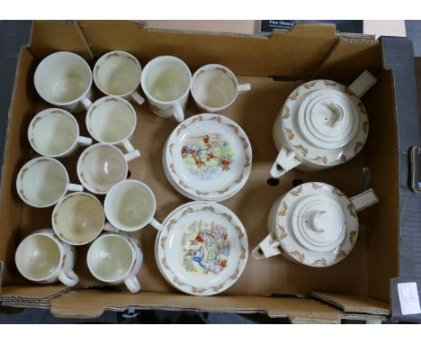Collection of Royal Doulton Bunnykins teaware to include two tea pots (one a/f), saucers and tea cups 