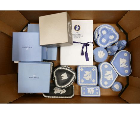 A collection Wedgwood Jasperware in black and blue colourways to include Wedgwood International Society boxed trinket dishes,