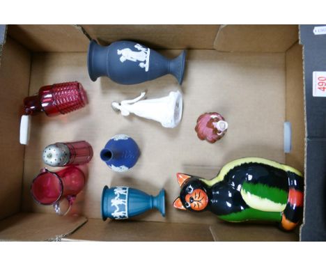 A mixed collection of items to include Multicoloured Wedgwood Jasperware, damaged Lorna Bailey Cat, vintage Craanberry Glass,