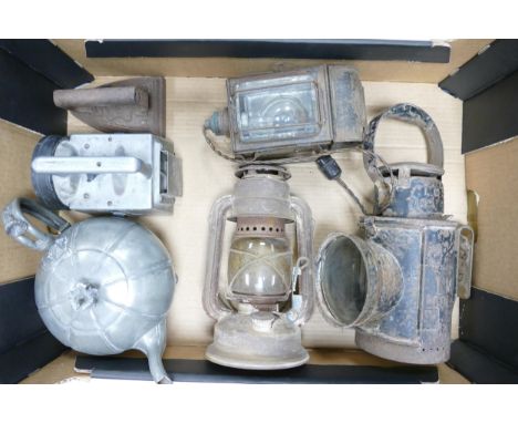 A collection of metalware items to include three vintage lamps include LMS example, pewter teapot and iron 