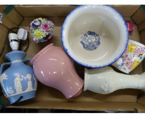 A mixed collection of ceramic items to include Poole pottery vase, Dudson jasperware table lamp, unamarked creamware vase etc