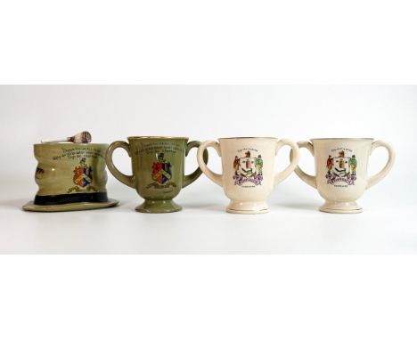 Wileman (Foley) tobacco jar with verse &amp; 3 Loving cups, all decorated with Yorkshiremans coat of arms, small chip to unde