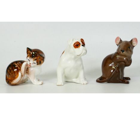 Pottery Animals to include Royal Worcester Bull dog, Royal Doulton K Series Kitten &amp; Beswick Mouse(3) 