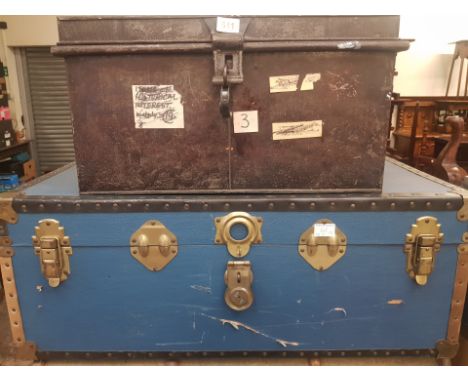 One 20th Century Blue Travelling Trunk together with an Enamel Deed Box 
