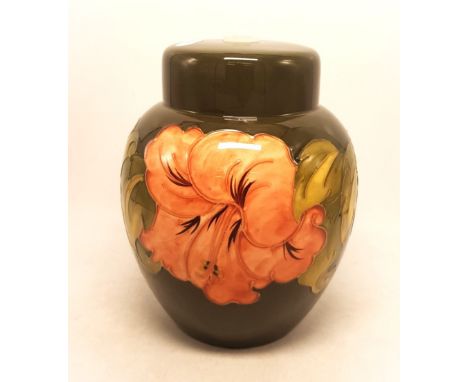 Moorcroft Hibiscus on green ground table lamp (no electrical fittings) in Ginger Jar form (20cm height) 