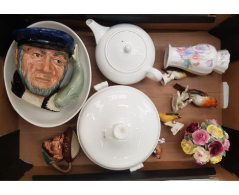 A mixed collection of items to include Wedgwood lidded tureen, Royal Doulton character jugs, Aynsley vase, Goebel bird figure