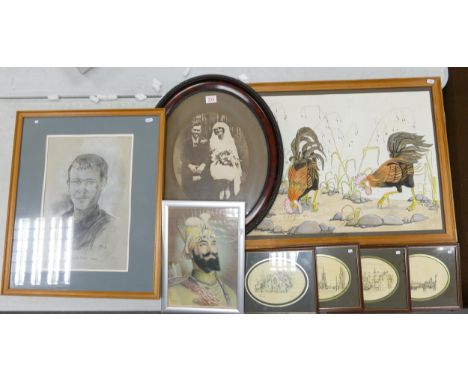 Eight framed artworks to include one pastel portrait, naive watercolour depciting chickens and one early 20th century wedding