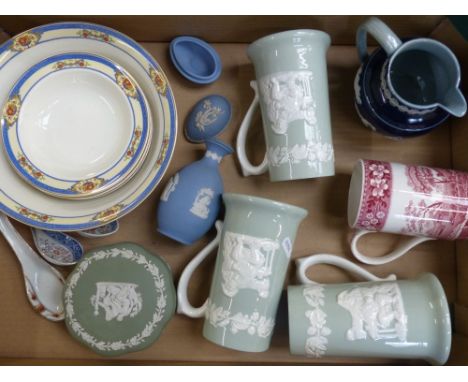 Mixed collection of ceramic items to include Copeland Spode Jug, 3 Spode fortuna tankards, Wedgwood jasperware items etc (1 t